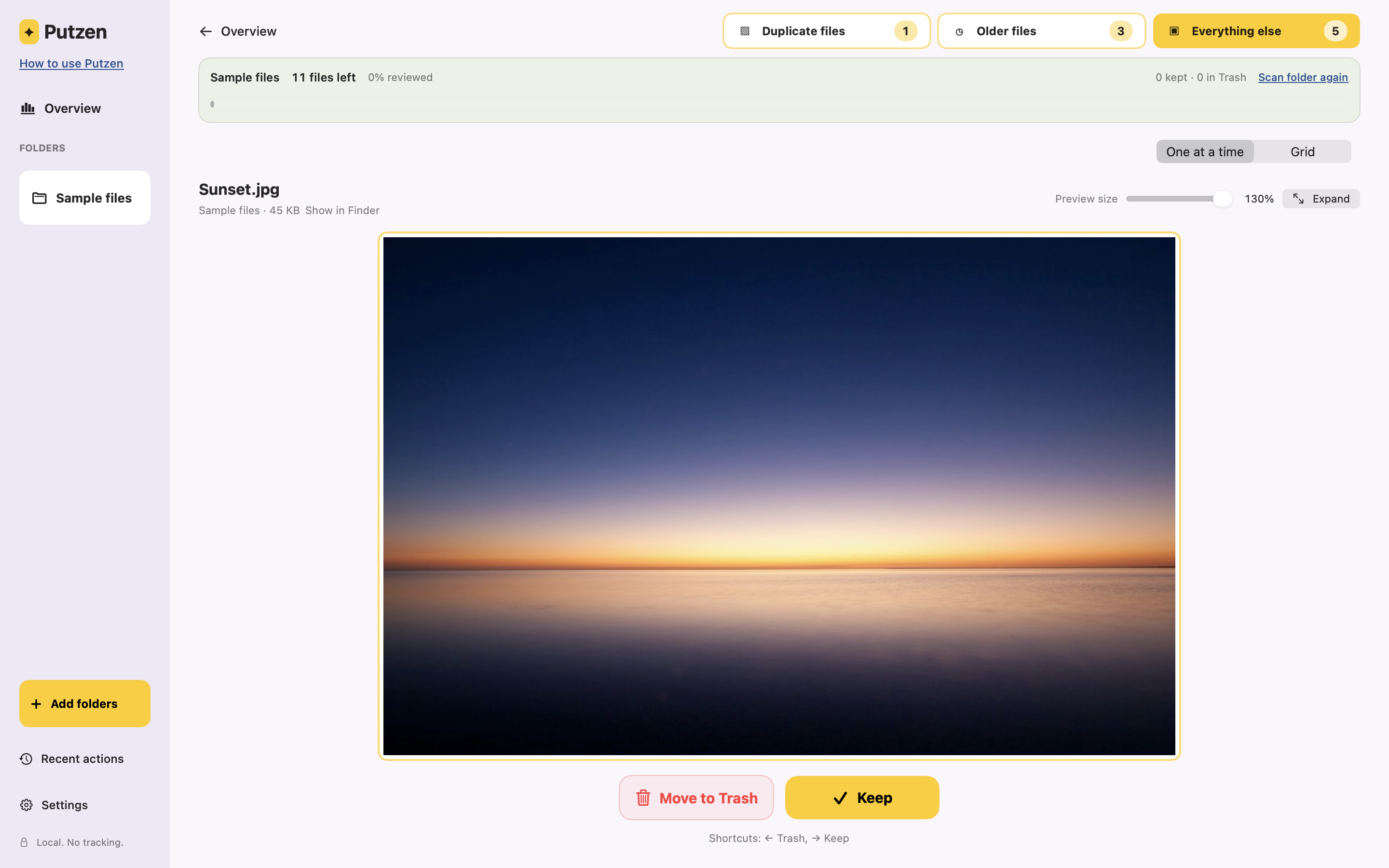 The Putzen Mac app showing a file preview with Keep and Move to Trash buttons.